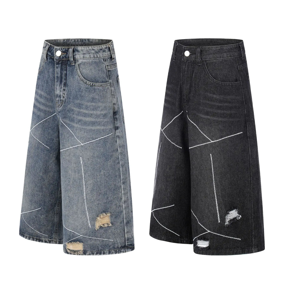 MWJLPWQ Unisex Ripped Denim Shorts – High Street Embroidered Wide-Leg Cropped Jeans, Loose-Fit Summer Streetwear