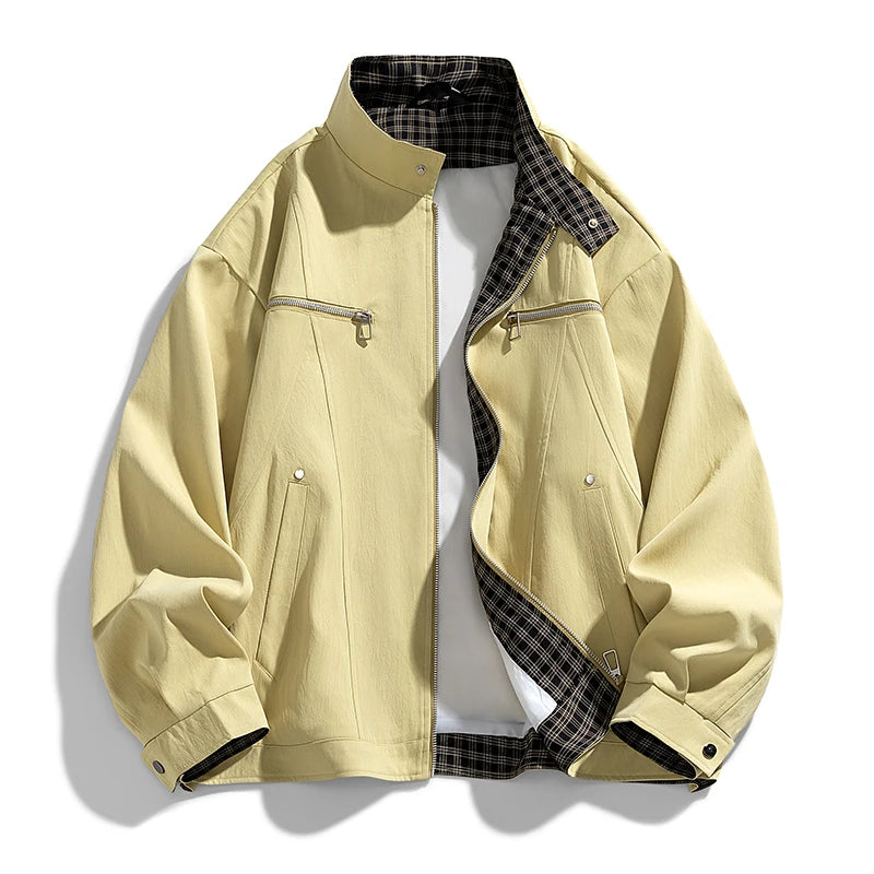 Men’s Stand Collar Jacket – Loose-Fit Solid Color Zip-Up Windbreaker, Casual Streetwear Outerwear
