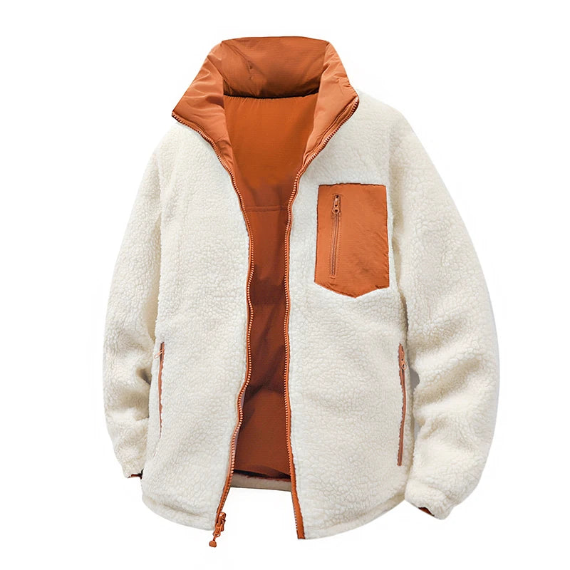 Men’s Double-Sided Lambskin Winter Jacket – Thick Cotton-Padded Warm Outdoor Coat, Reversible Cold-Weather Jacket