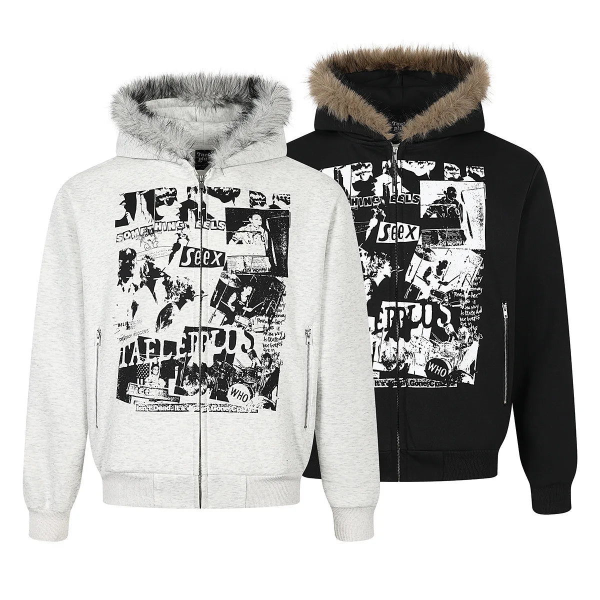 Unisex Retro Printed Hooded Jacket – Loose-Fit Long Sleeve Coat with Faux Fur Collar