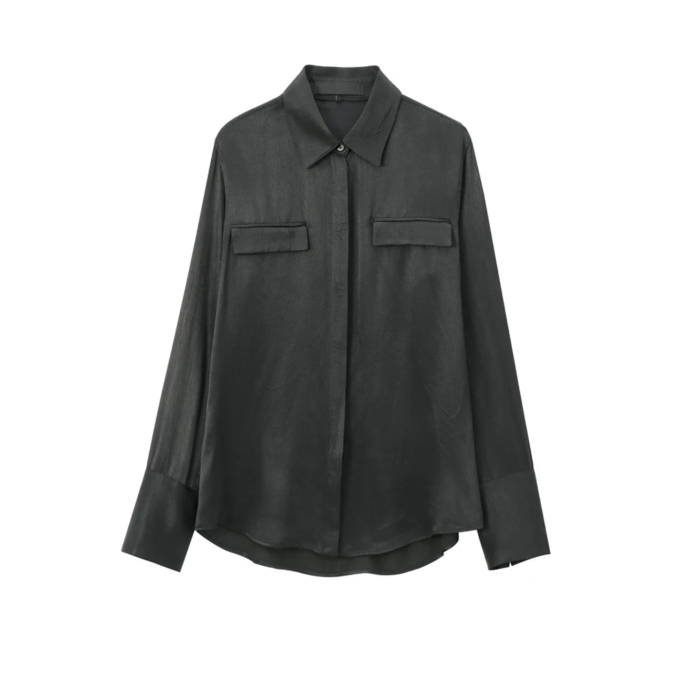 Women’s Satin Blouse – Long Sleeve Button-Up Shirt with Pockets