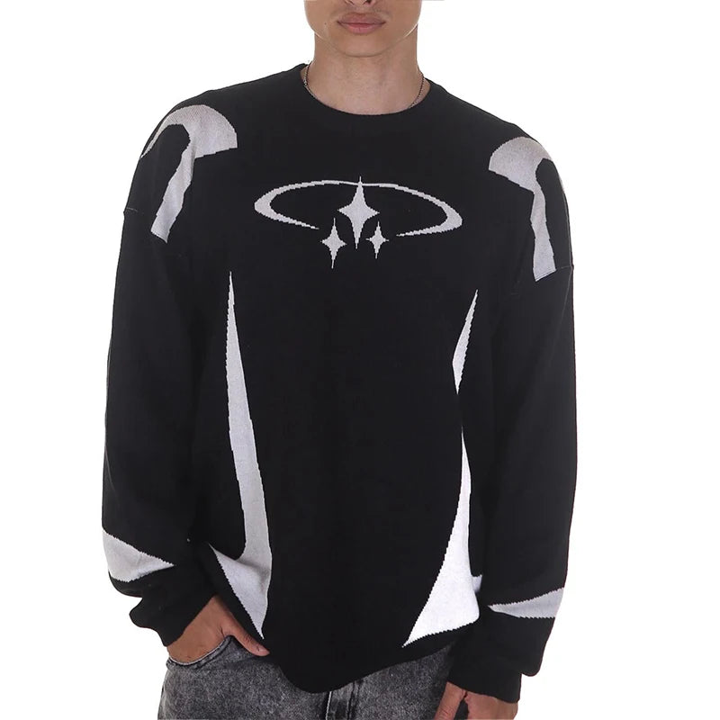Unisex Jacquard Letter Sweater – Contrast Color Round Neck Knitwear, Trendy High Street Couple-Style Pullover
