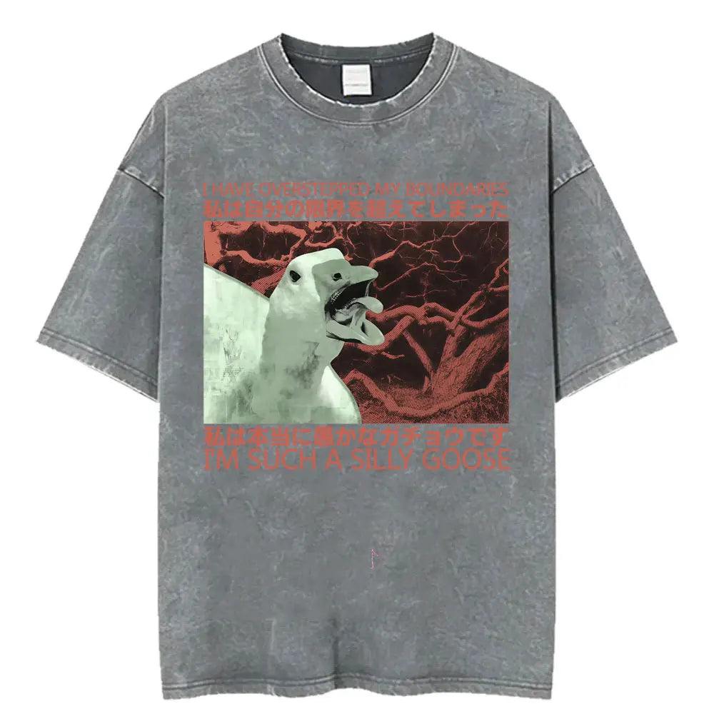 Unisex Funny Cat Graphic T-Shirt – Vintage Japanese-Style Washed Tee | Oversized Casual Streetwear
