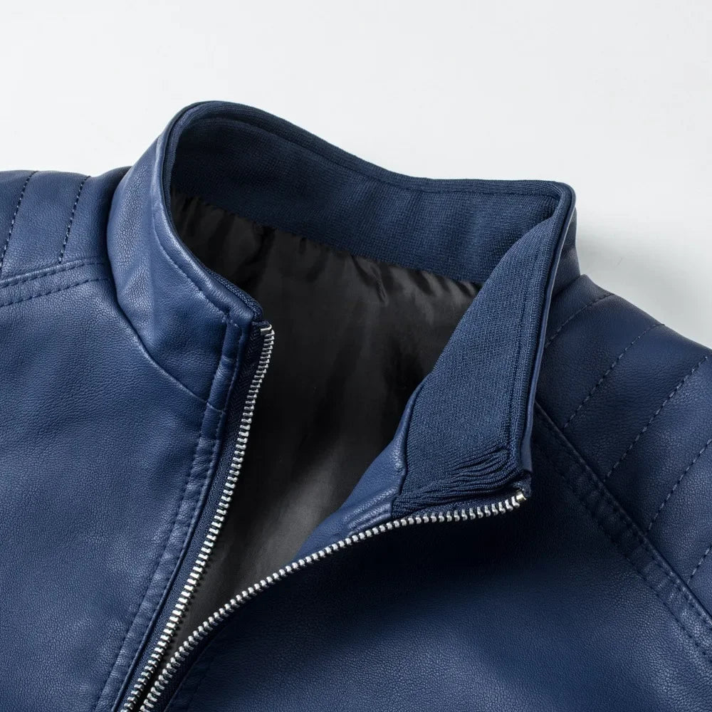 Men’s Stand Collar Leather Jacket – Slim Korean Style Casual Fashion Jacket