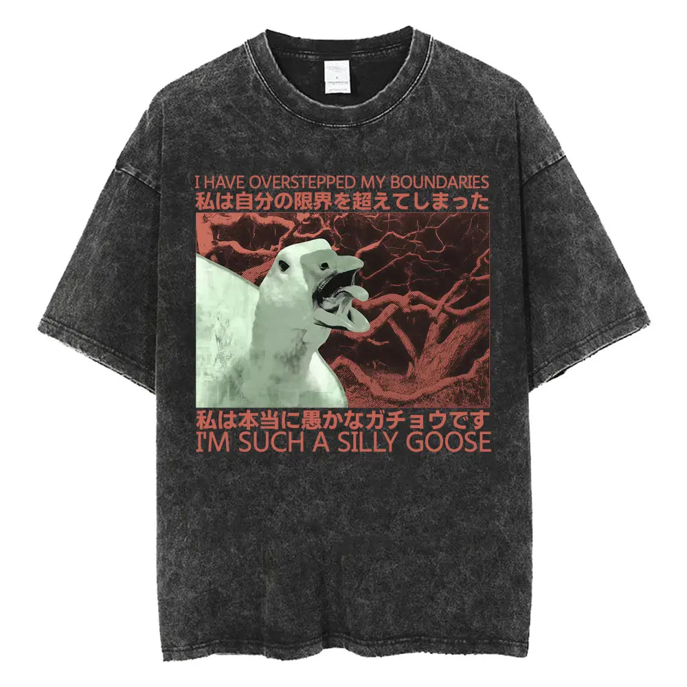 Unisex Funny Cat Graphic T-Shirt – Vintage Japanese-Style Washed Tee | Oversized Casual Streetwear