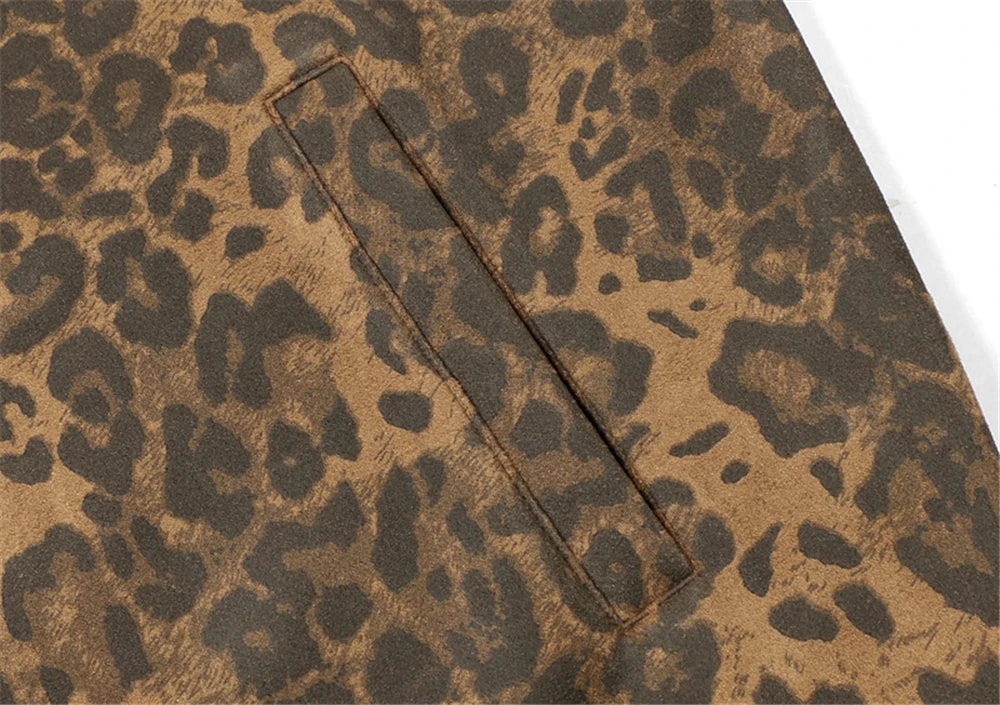 Unisex Leopard Print Suede Jacket – Vintage Stand Collar Zip-Up Coat, Harajuku Hip Hop Streetwear Outerwear
