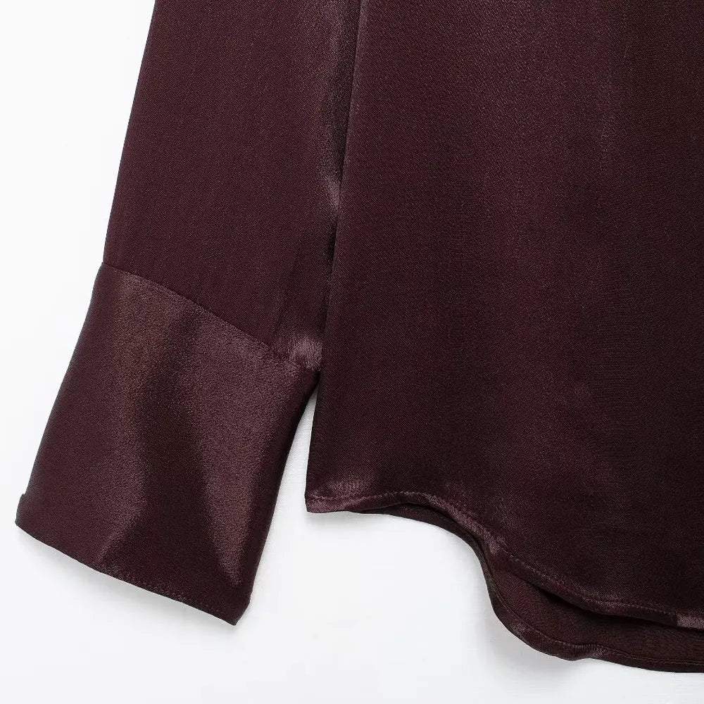 Women’s Satin Blouse – Long Sleeve Button-Up Shirt with Pockets