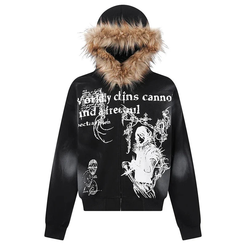 Unisex Y2K Faux Fur Collar Hoodie Jacket – Zip-Up Retro Punk Hip Hop Rock Streetwear Coat, Autumn & Winter