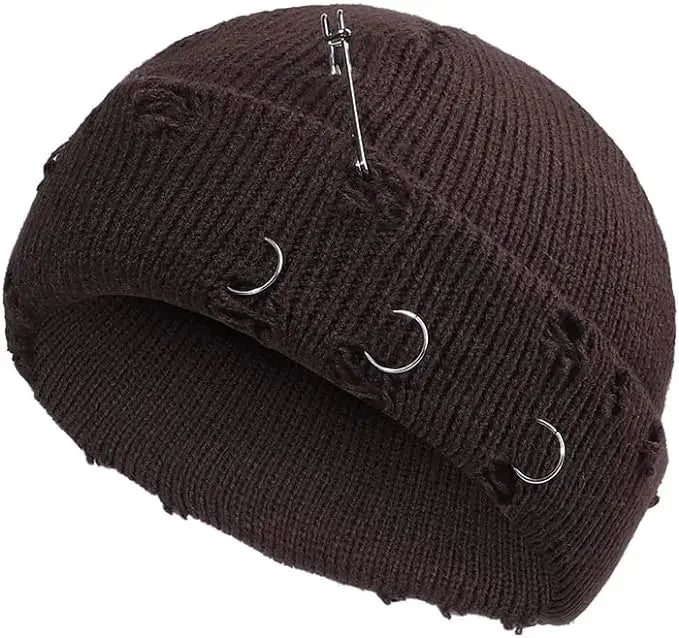 Women’s Y2K Gothic Beanie – Winter Knit Skull Cap with Metal Ring Detail, Harajuku Hip Hop Streetwear Hat