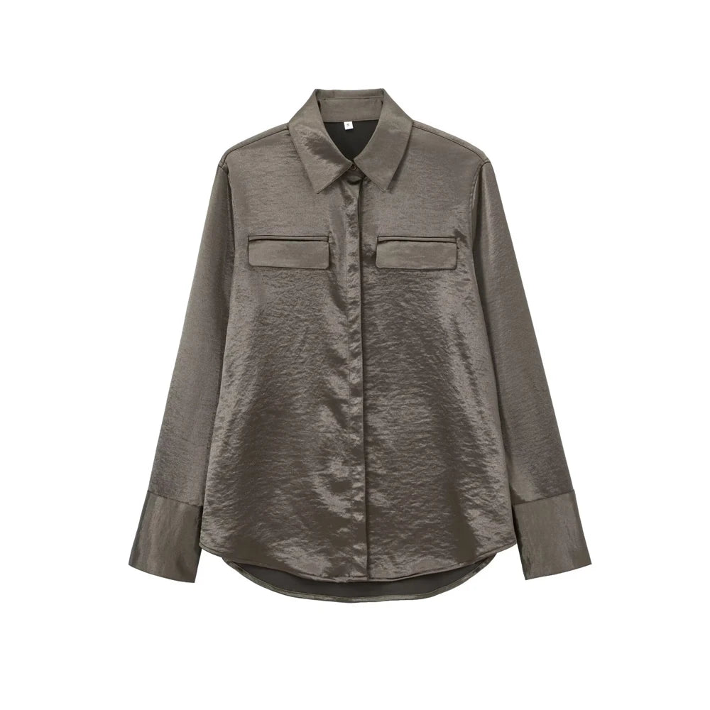 Women’s Satin Blouse – Long Sleeve Button-Up Shirt with Pockets