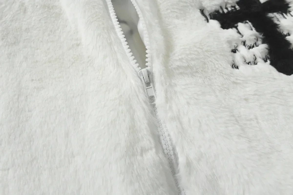 Men Rabbit Fur Jacket Coats Hip Hop Cross Letters Winter Fleece Jacket Streetwear Casual Harajuku Coat Zip Up Fashion Outerwear