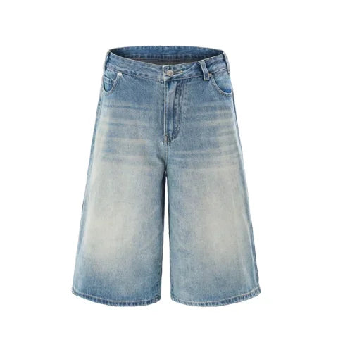 Men’s Lightning Crack Denim Shorts – Loose Wide-Leg Cropped Jeans | American Streetwear Casual Pants