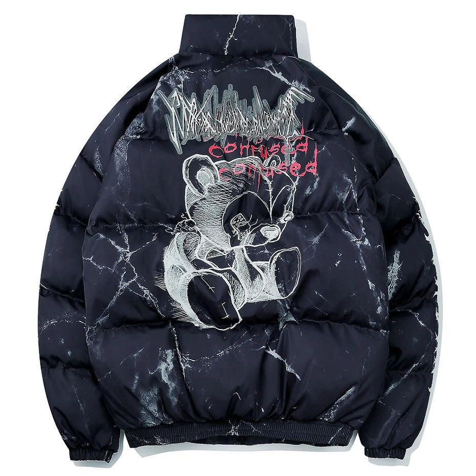 Men’s Y2K Oversized Puffer Parka – Letter Graphic Tie-Dye Winter Jacket, Warm Hip Hop Streetwear