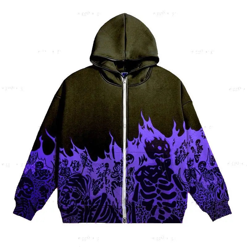 Unisex Y2K Skeleton Hoodie Jacket – Vintage Skull Print Zip-Up Sweatshirt, High Street Autumn & Winter Streetwear