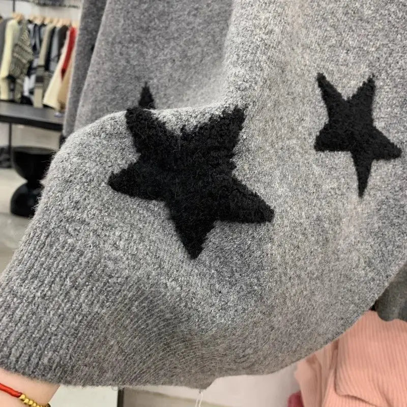 Women’s Star Embroidered Knit Sweater – Loose Fit Long Sleeve Casual Pullover, Comfortable Spring & Autumn Outerwear