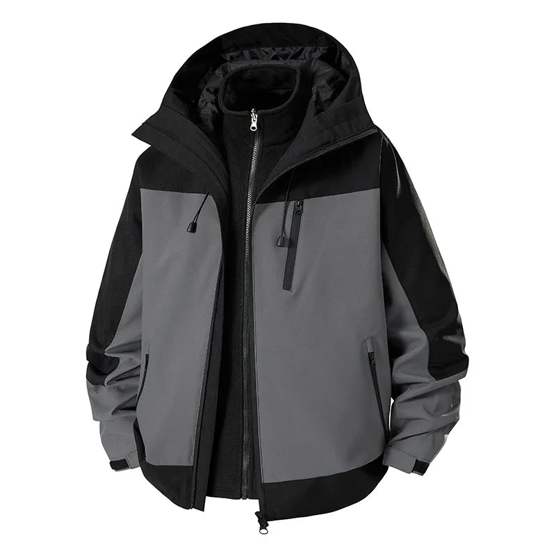 Men’s 3-in-1 Hiking Jacket – Thick Waterproof & Windproof Hooded Outdoor Coat for Climbing, Camping & Travel