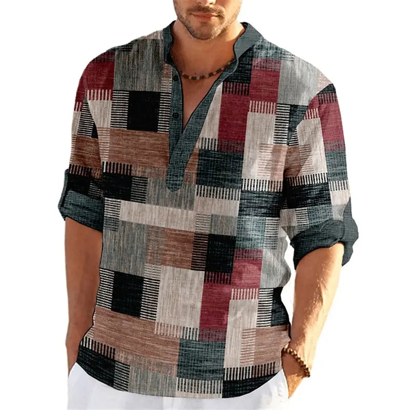 Men’s Vintage Henley Shirt – 3D Print Color Block Patchwork Top | Stand Collar Long Sleeve Casual Wear