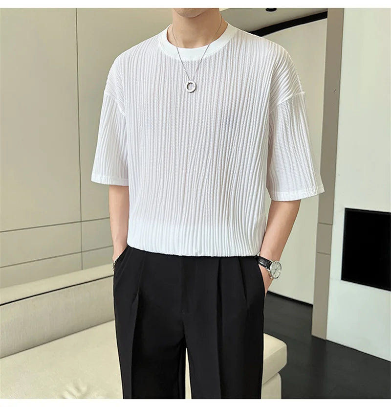 Men's Ice Silk Pleated T-Shirt – Casual Summer Crewneck Tee