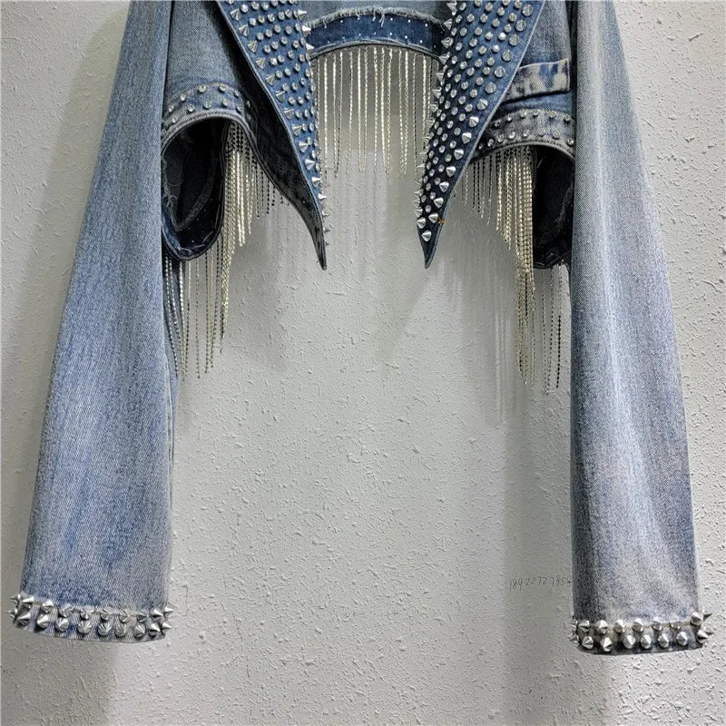 Rhinestone Beaded Tassels Rivets Denim Jacket Short Backless Jeans Coat
