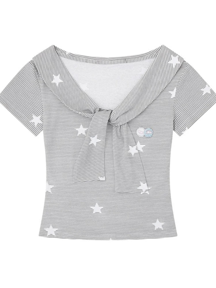 Women’s Vintage Star Print T-Shirt – Slim Fit Striped Y2K Top | Harajuku Grunge Summer Streetwear