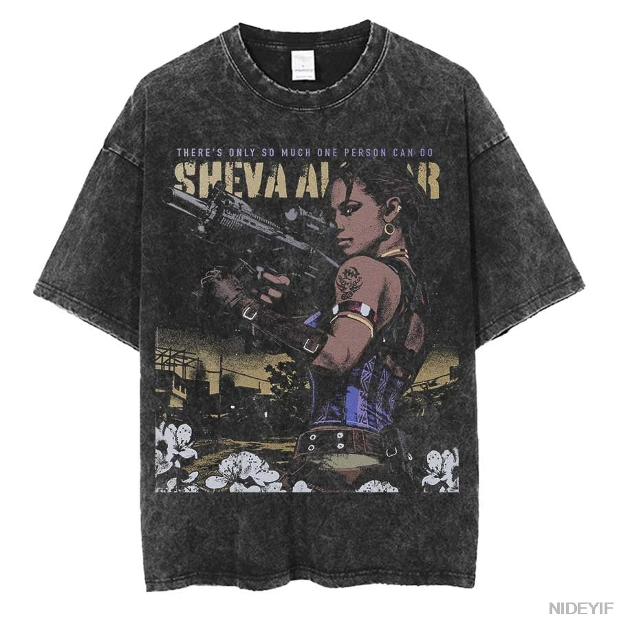 Unisex Leon Kennedy Graphic T-Shirt – Oversized Vintage Washed Cotton Tee | Retro Biohazard-Inspired Streetwear