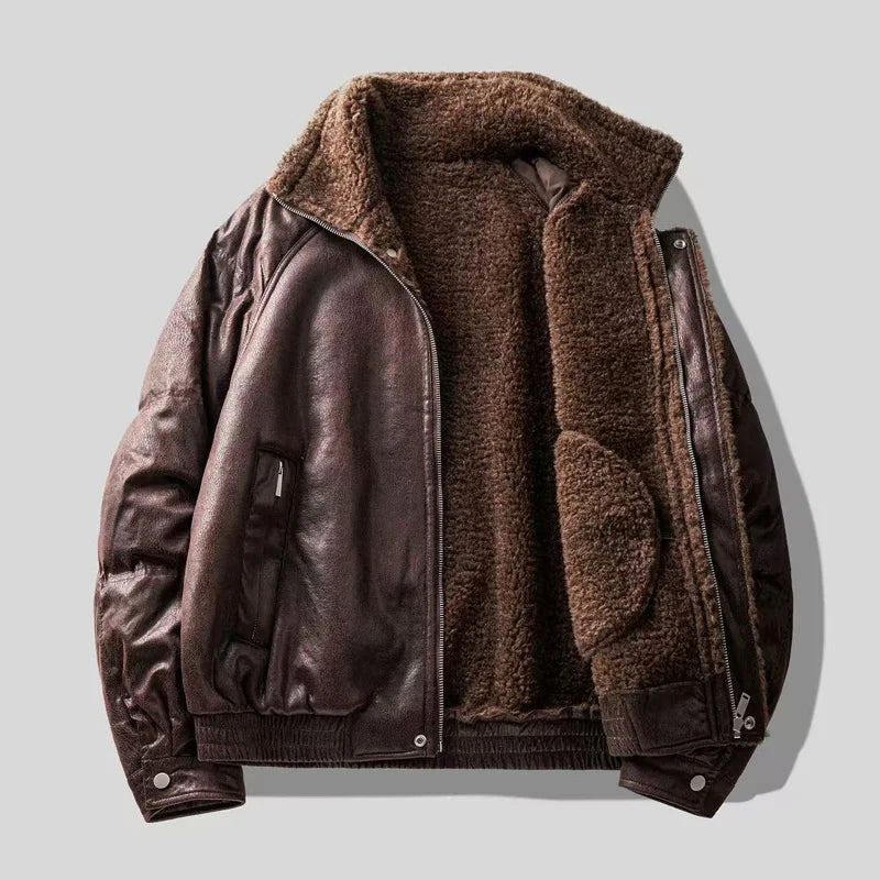 Men’s Faux Fur-Lined Leather Jacket – Warm Motorcycle-Inspired Coat | Vintage Loose-Fit Winter Streetwear Outerwearja