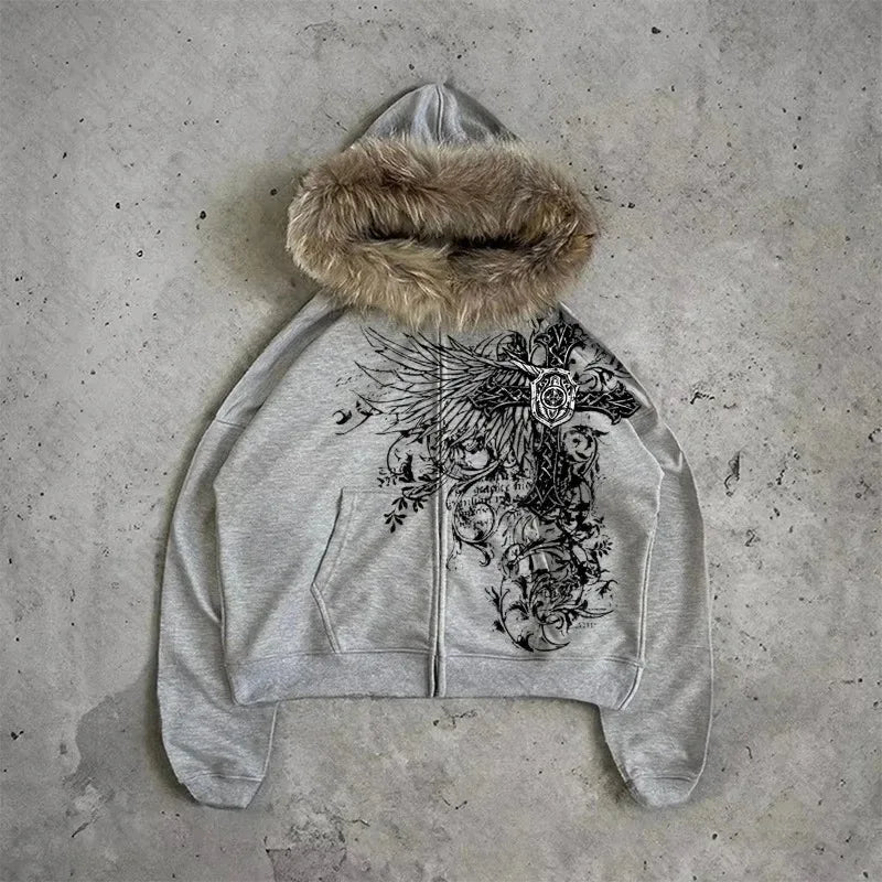 Unisex Y2K Graphic Hoodie – Thick Warm Zip-Up Jacket