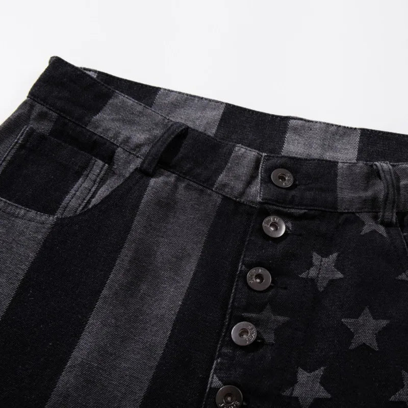 PFNW Men’s Retro Striped Wide-Leg Jeans – Loose Fit Printed Denim Pants | American High-Street Streetwear