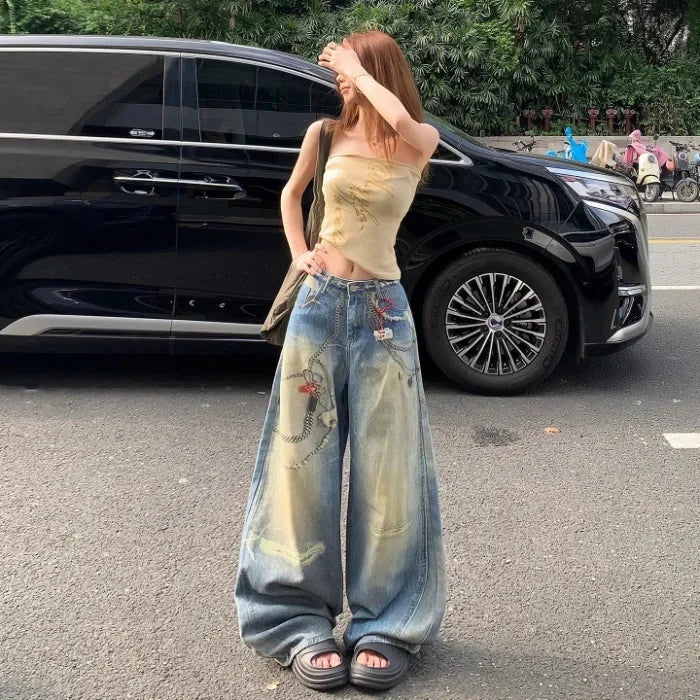 Mary's American Retro 3D Printed Chain Design Loose Wide Leg Denim Jeans