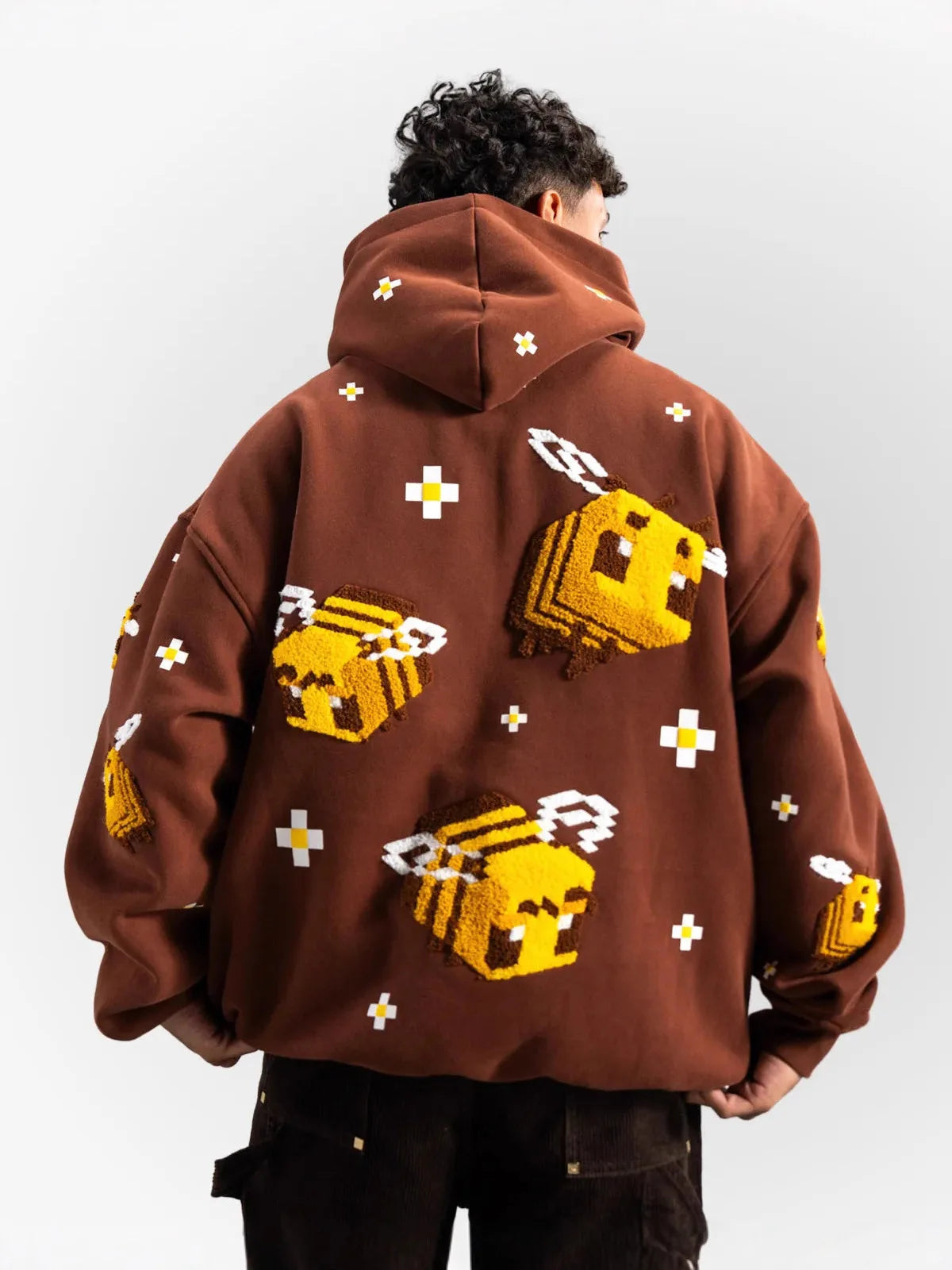 Brown Pixel Bee Zip-Up Hoodie – Y2K Kawaii Streetwear