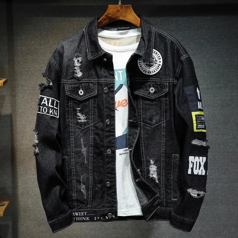 Men Brand Denim Jacket Streetwear Punk Motorcycle Ripped Male Jeans Outwear
