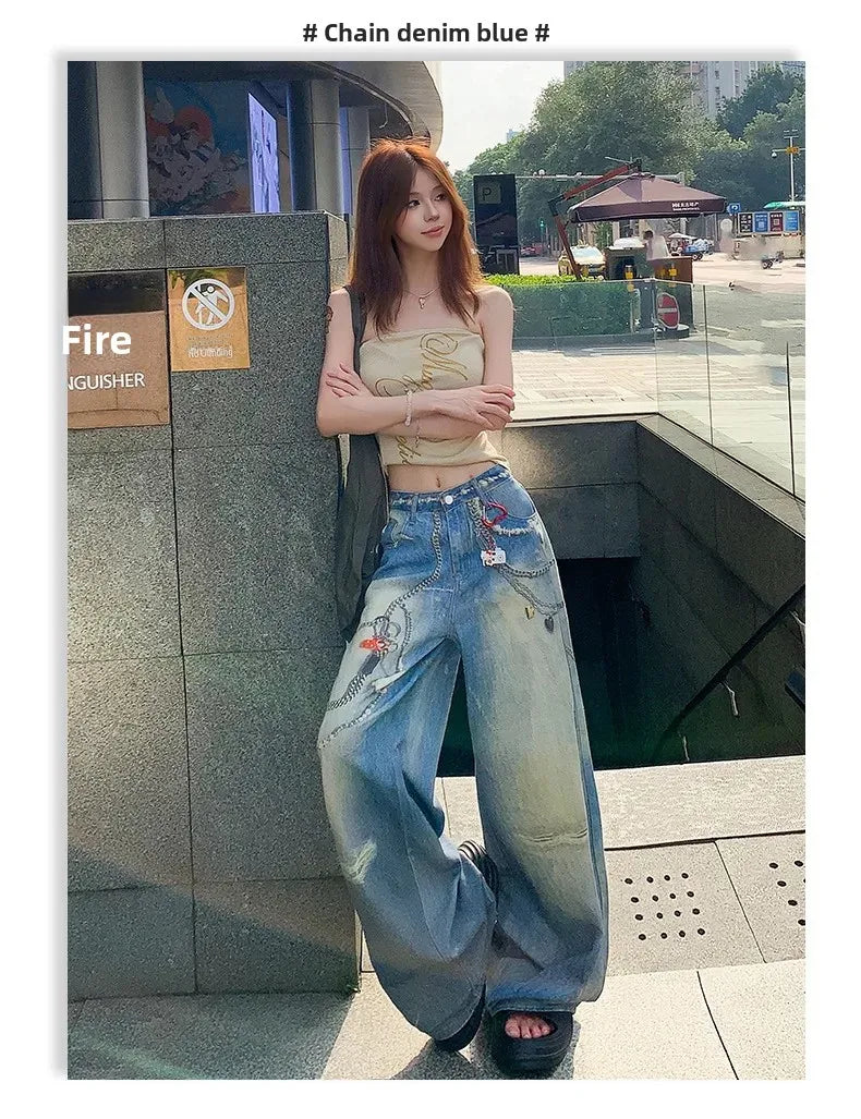 Mary's American Retro 3D Printed Chain Design Loose Wide Leg Denim Jeans