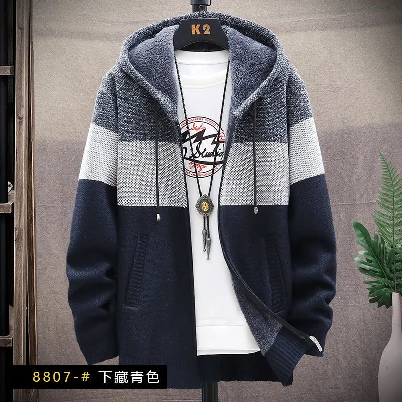 Men’s Winter Fleece Cardigan – Zipper Knit Sweater, Striped Casual Jacket