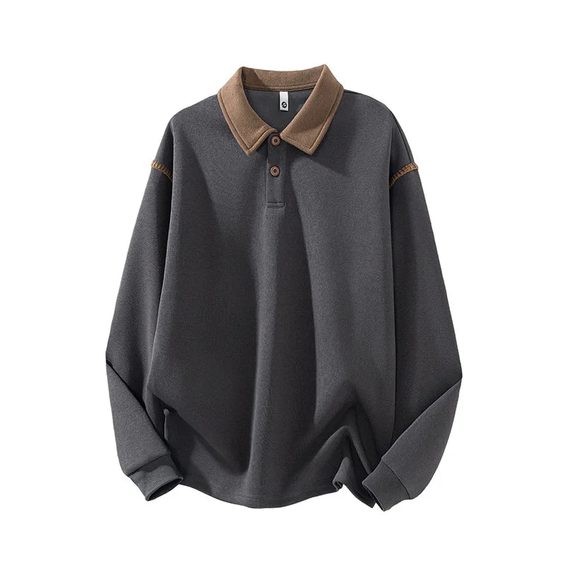 Men’s Vintage Color-Block Sweatshirt – Loose-Fit Turn-Down Collar Pullover | Casual Long-Sleeve Streetwear Top