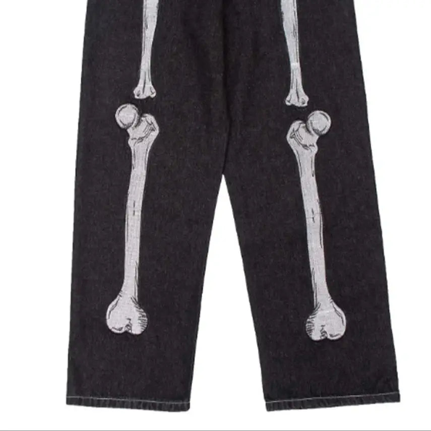 Men’s Skeleton Print Baggy Jeans – Gothic Punk Wide-Leg Denim Pants | Dark Hip-Hop Streetwear