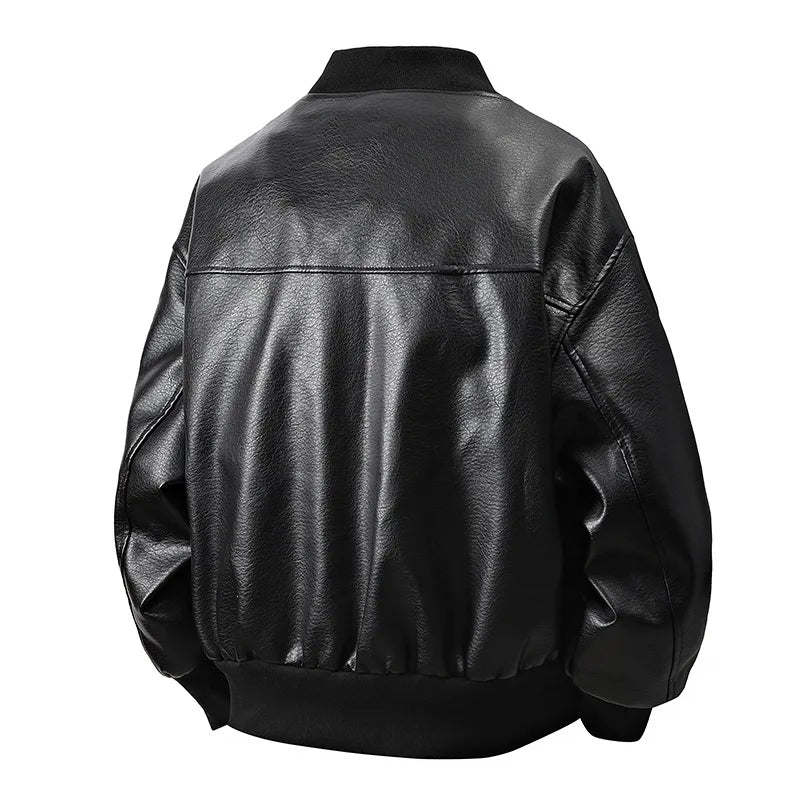 Men’s American-Style Leather Jacket – Baseball Collar Silk-Lined Bomber | Loose-Fit Spring Casual Outerwear