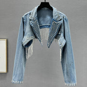 Rhinestone Beaded Tassels Rivets Denim Jacket Short Backless Jeans Coat