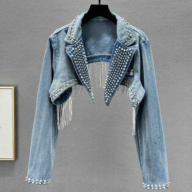 Rhinestone Beaded Tassels Rivets Denim Jacket Short Backless Jeans Coat