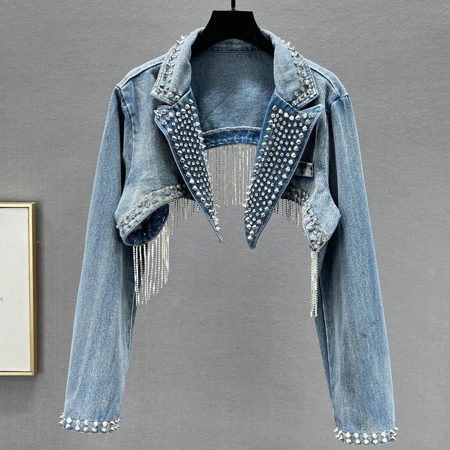 Rhinestone Beaded Tassels Rivets Denim Jacket Short Backless Jeans Coat