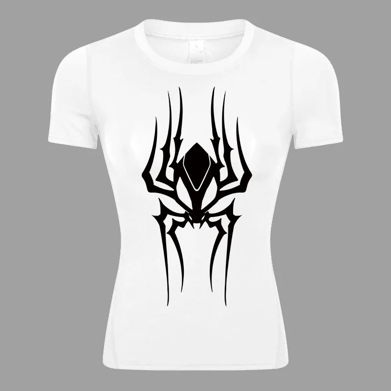 Women’s Spider Print Compression Shirt – Short Sleeve Athletic Top for Running, Gym & Yoga