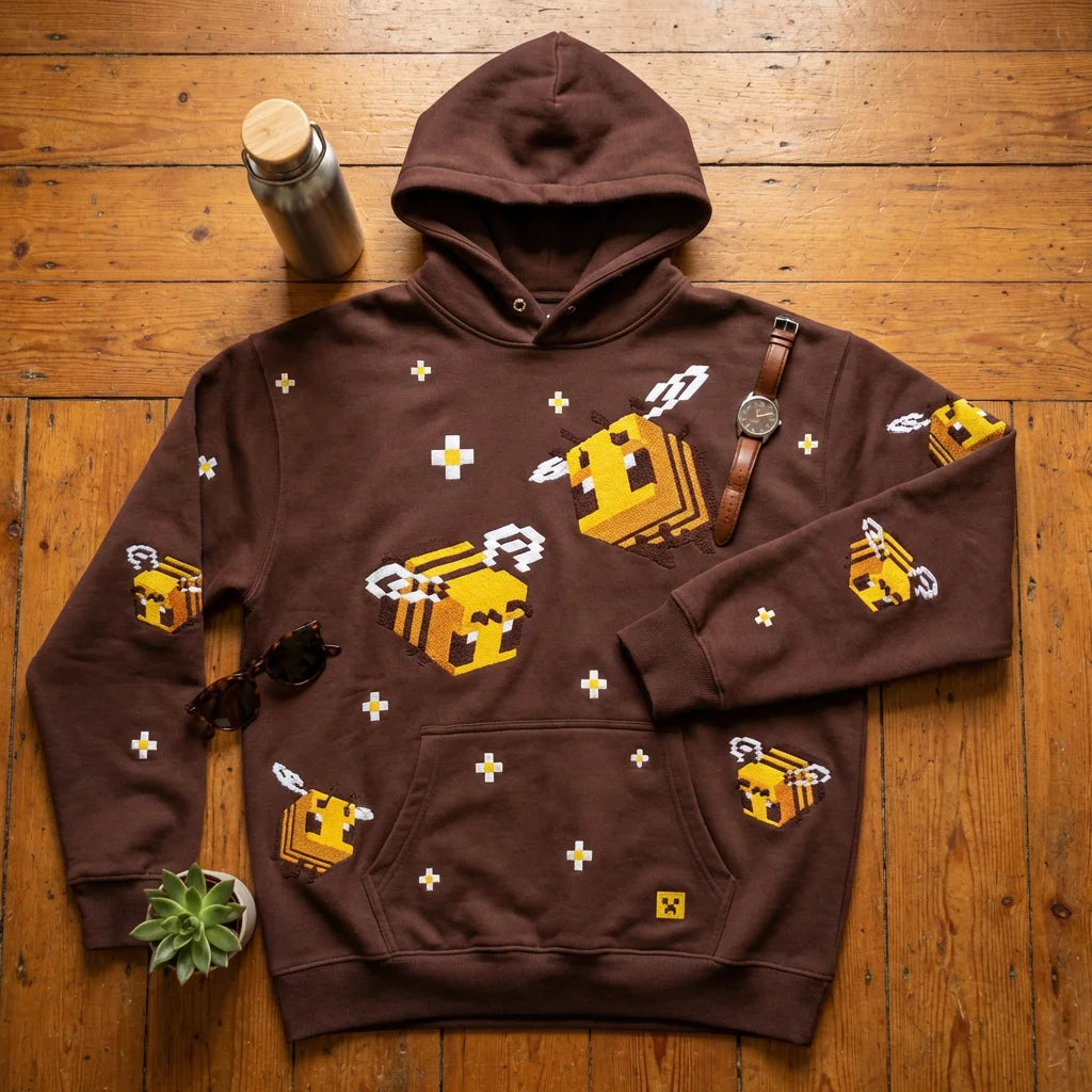 Brown Pixel Bee Zip-Up Hoodie – Y2K Kawaii Streetwear