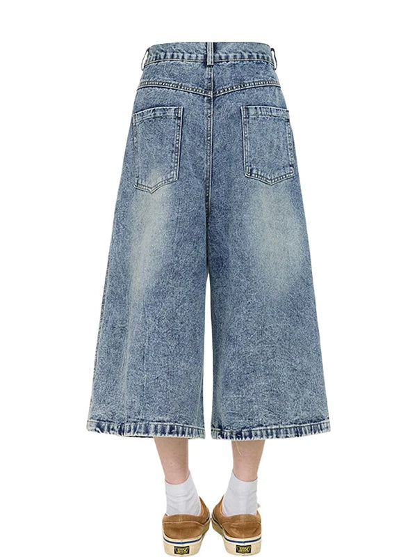 Women’s High-Waist Denim Shorts – Retro Blue Loose-Fit Embroidered Summer Shorts | Plus Size