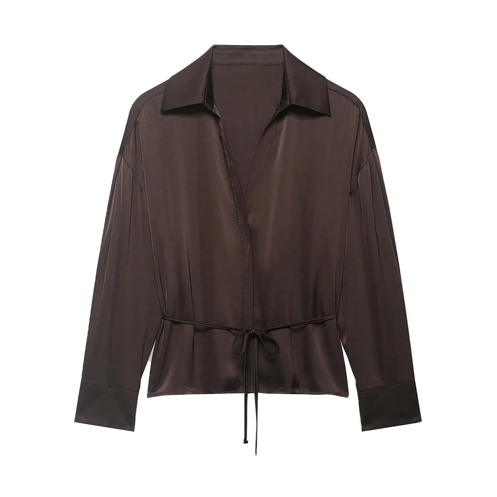 Women’s Satin Blouse – Belted Waist, Long Sleeve Lapel Top