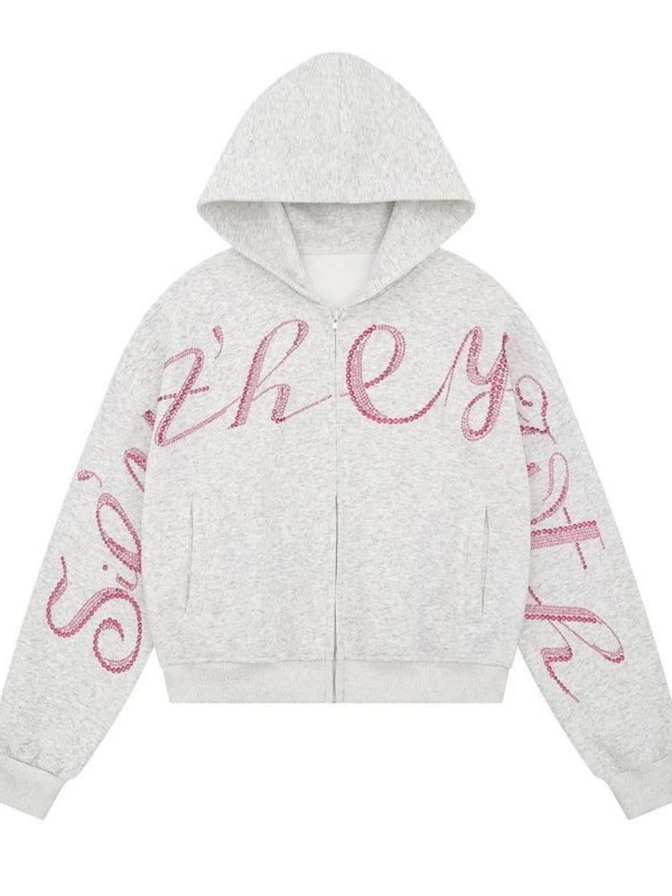 Women’s Vintage Hooded Jacket – Long Sleeve Rhinestone Punk Streetwear Coat, Casual Autumn Outerwear