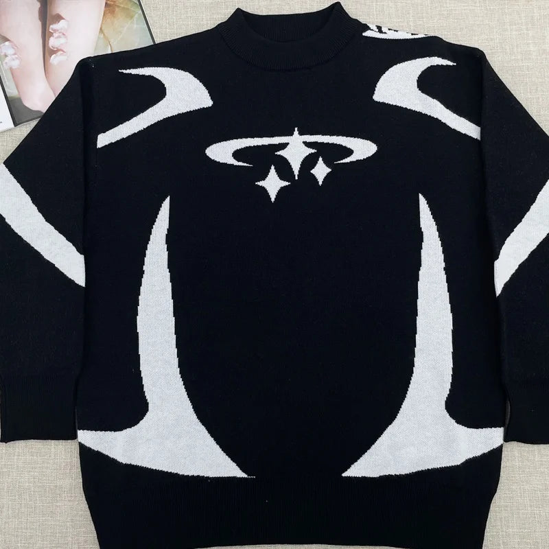 Unisex Jacquard Letter Sweater – Contrast Color Round Neck Knitwear, Trendy High Street Couple-Style Pullover