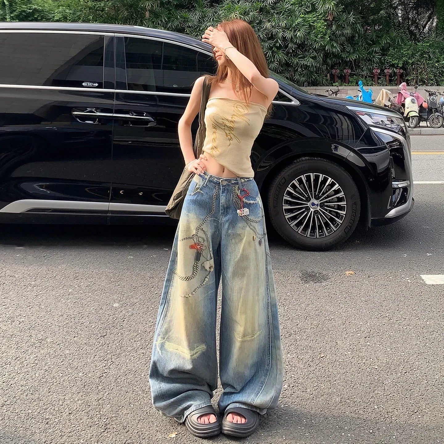Mary's American Retro 3D Printed Chain Design Loose Wide Leg Denim Jeans