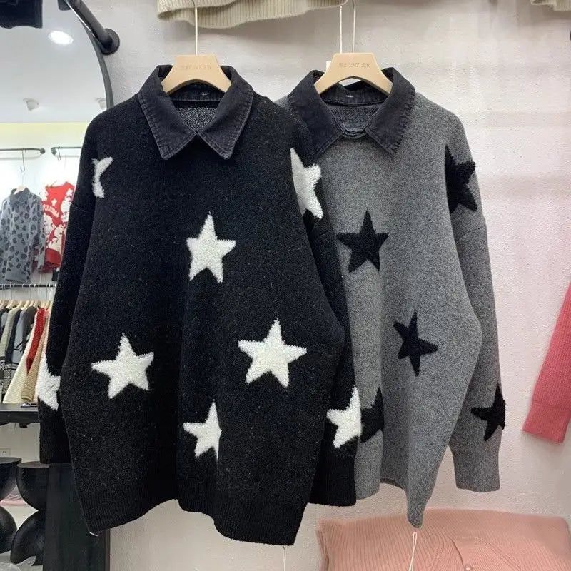 Women’s Star Embroidered Knit Sweater – Loose Fit Long Sleeve Casual Pullover, Comfortable Spring & Autumn Outerwear