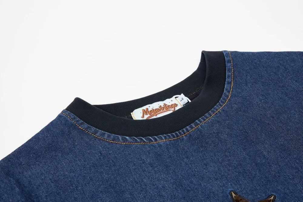 Men’s Retro Denim T-Shirt – Letter Embroidery Washed Distressed Short Sleeve Crew Neck Summer Tee