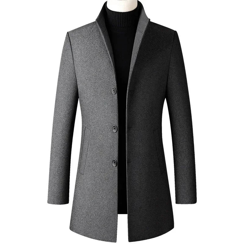 TFETTERS Men’s Long Trench Coat – Korean-Inspired Stand Collar Business Casual Windbreaker, Autumn & Winter Jacket