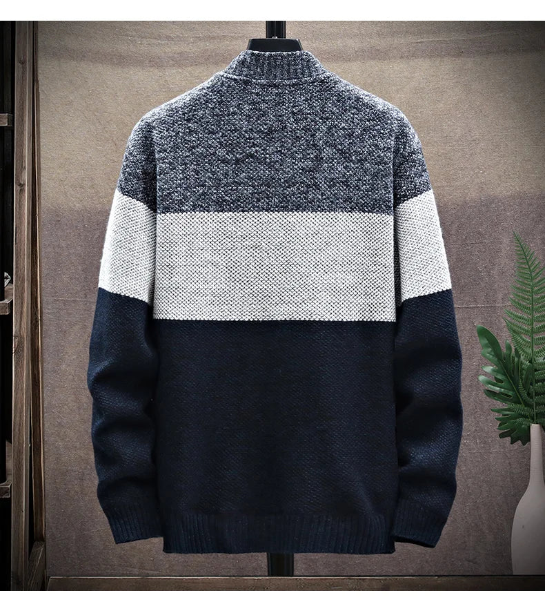 Men’s Winter Fleece Cardigan – Zipper Knit Sweater, Striped Casual Jacket